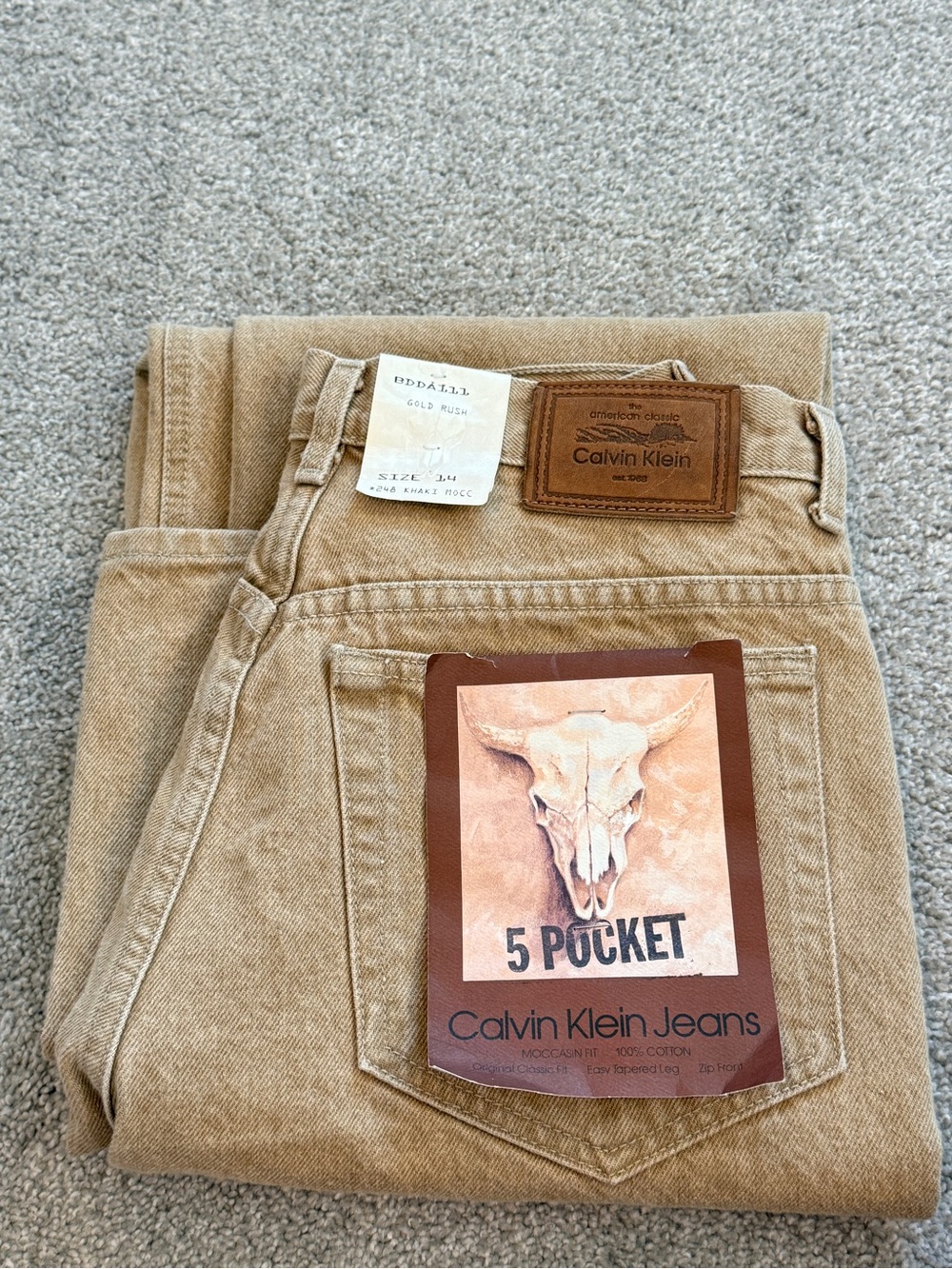 Vintage 90s Calvin Klein Jeans NOS NWT Tan Khaki Moccasin Fit High Waisted 14 US